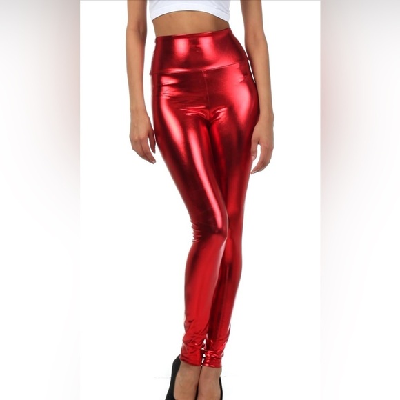 SAKKAS Shiny Liquid Metallic High Waist Stretch Leggings— Red. Size: Small. - Picture 1 of 5